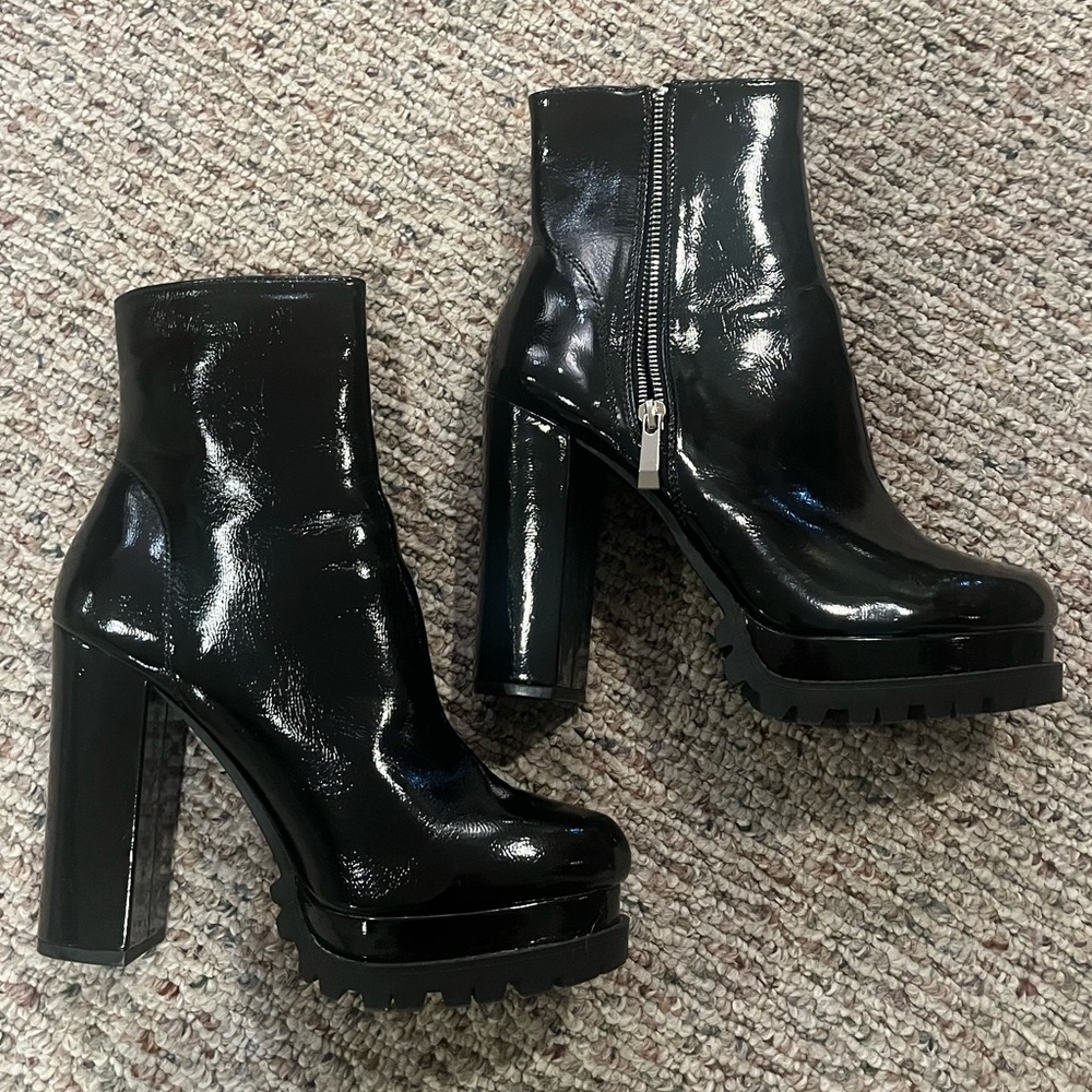 faux patent leather heeled platform ankle booties